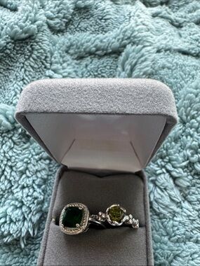 Silver Ring Set with Dark Emerald and Olive Green Stones